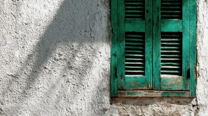 Textured white wall with weathered green shutters, and soft tree shadow cast upon the wall