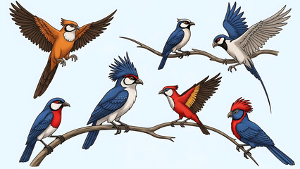 Colorful birds perched on branches in a serene illustration from a frontal viewpoint