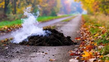 Burning manure pile on a country road in autumn emits smoke. Environmental impact, pollution in nature, agricultural waste concept photography.