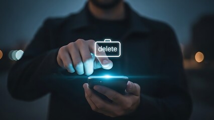 Man deleting data on smartphone screen.