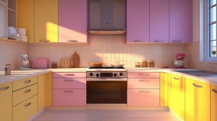Stylish Hybrid Kitchen with Pastel Retro Cabinets and Warm Natural Light