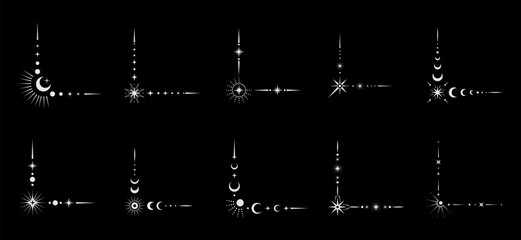 Golden magic celestial border corners with moon, stars and sun vector line ornaments. Esoteric tarot card, fantasy horoscope frame and magic boho tattoo border corners set of golden space objects © Vector Tradition