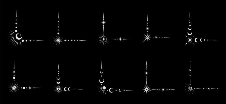 Golden magic celestial border corners with moon, stars and sun vector line ornaments. Esoteric tarot card, fantasy horoscope frame and magic boho tattoo border corners set of golden space objects