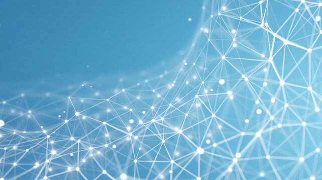 Complex network structure with interconnected nodes and lines against blue background.