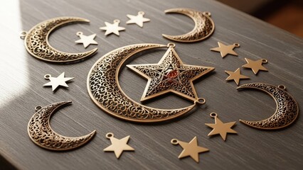 Elegant golden crescent moons and decorative stars gleaming on a rustic wooden surface, embodying spiritual symbolism for festive occasions and cultural celebrations