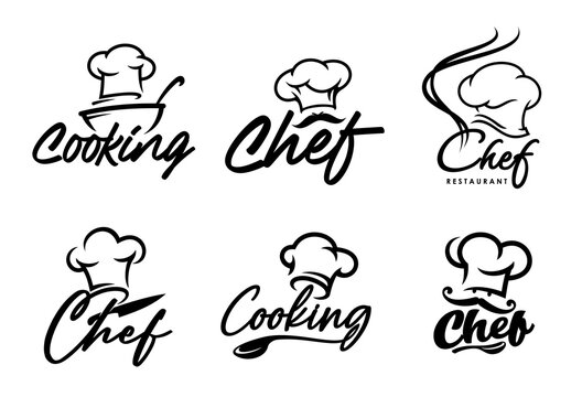 Chef and cook icons of bakery, restaurant, bistro or culinary school. Vector head chef hats, baker or cook toque caps isolated minimal symbols set with vintage mustaches, bowl, spoons and knife