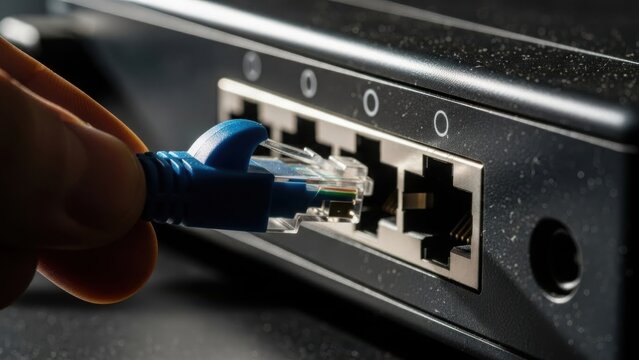 A hand is carefully inserting a blue ethernet cable connector into a black network device with multiple ports, establishing a stable internet connection for data transfer and online activities.