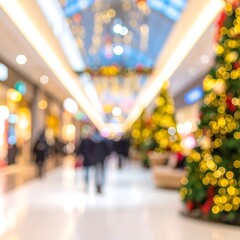 Blurry image of a bright indoor space with holiday lights and people walking