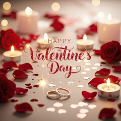Happy Valentine's Day love celebration with romantic candles, rose petals, and wedding rings