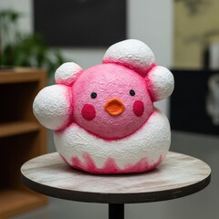Charming Pink and White Whimsical Character Sculpture on a Wooden Table