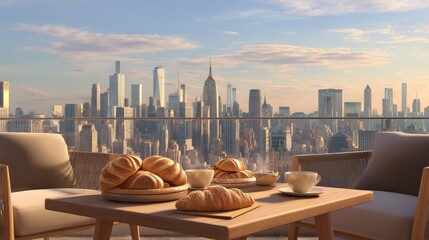A rooftop scene features a table with croissants and coffee overlooking a sprawling cityscape under a partly cloudy sky. Two chairs complete the idyllic view
