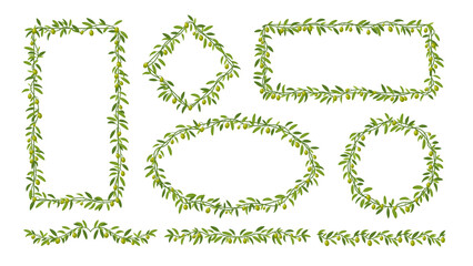 Olive branch frame border with plant leaves. Olive tree twig and leaves vector round, oval and rectangular frames, agriculture fruit corner. Mediterranean cuisine or vegetarian food berry border © Vector Tradition