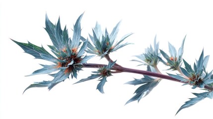 A close-up captures a stem of a pale blue-green, spiky flower with small brown centers, set against a stark white background