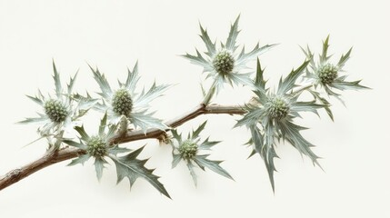 Spiky stem with globe-shaped flowers and star-shaped spiky bracts on creamy white