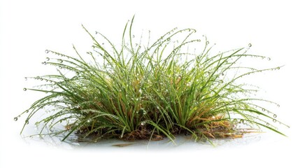 Clump of vivid green grass covered with water droplets on the blades reflecting on a white surface