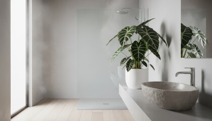 Minimalist modern bathroom interior with stone sink, plants, and bright light creating a serene and luxurious spa-like atmosphere for relaxation