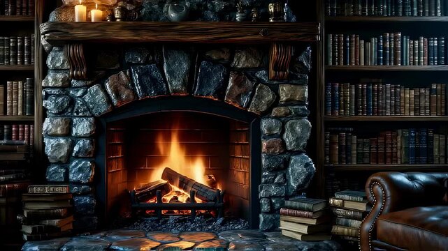 Cozy Fireplace with Flickering Flames Surrounded by Stacked Books and Rustic Stone Walls. Seamless looping 4k video background 