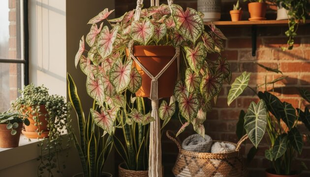 Hanging caladium in macrame holder. Lifestyle shot of indoor gardening. Decorative, houseplant aesthetic, home improvement project, sunlit, bright.