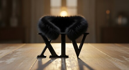 XIV Black Fur Collar on Wooden Surface with Soft Lighting.