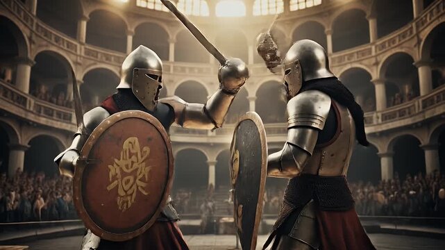 Epic Medieval Battle: Knights Clash in Ancient Arena, Sword Fight in Grand Colosseum