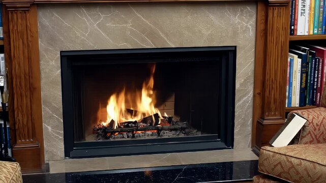 Cozy Living Room Fireplace with Flames and Wooden D?cor in a Warm Home Setting. Seamless looping 4k video background 