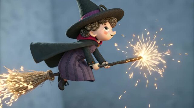 Cute cartoon witch flying on a broomstick with sparkling magic effects against a dark background.