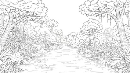 Fototapeta premium Tranquil Jungle River Outline for Coloring Book Activities and Nature Art