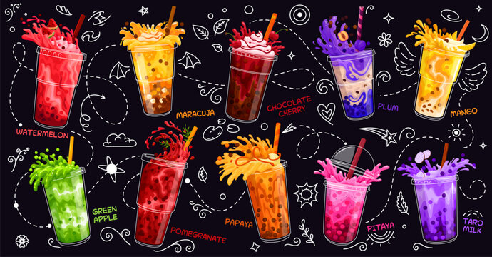 Cartoon milk bubble tea glasses with bright splashes and fruits. Vector set of vibrant drinks in flavors like watermelon, mango, plum and taro milk, maracuja, pitaya, papaya or pomegranate, chocolate