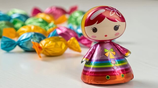 Doll shaped candy with a rainbow foil wrapper stands prominently among a scattering of colorful wrapped sweets