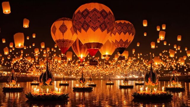 Stunning night scene of thousands of glowing sky lanterns and hot air balloons rising above a river filled with floating lotus krathongs during a Thai festival.
