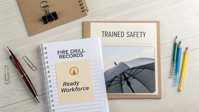 Office Desk with Fire Drill Records Notebook and Safety Training Materials on Wooden Table