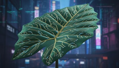 Cyberpunk alocasia leaf with circuit patterns against futuristic city backdrop. Digital art with organic tech, modern, detailed.