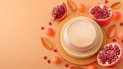 Pomegranate halves and seeds surround skincare jar, on tiered platform against orange backdrop