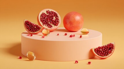 Pomegranates on a peach pedestal, with scattered seeds and amber capsules, all on a soft orange background