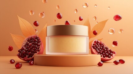 Cream jar atop a pedestal with pomegranates, leaves, & droplets on a peach backdrop
