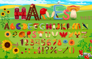Cartoon autumn fall font, thanksgiving harvest typeface letters. Vector abc made of fruits, vegetables, leaves, mushrooms, boots, scarves, socks and garden tools. Seasonal typeset on nature background © Vector Tradition