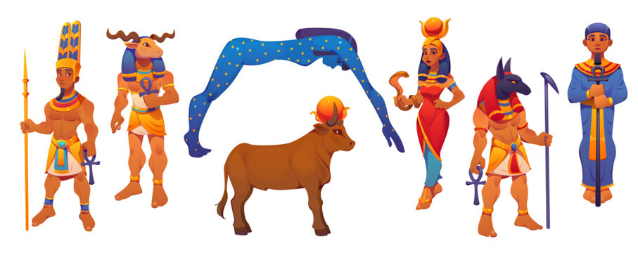 Ancient Egypt gods Amun with feather crown, Khnum ram head, Nut arched starry body and Apis holy bull. Vector Hathor with sun disk, Anubis jackal head and Ptah. Egypt religion gods and goddess set