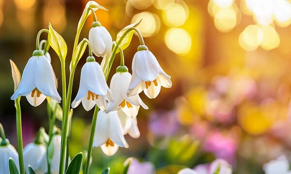 Close Up of White Spring Flowers Swaying Gently in Golden Sunlight with Bokeh Background.