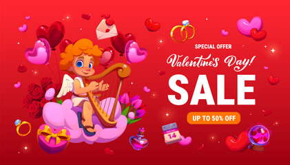 Naklejka premium Happy Valentine day sale banner with cherub, love hearts and gifts. Vector promo card with cheerful cupid, angel or Amour with character playing harp on pink cloud surrounded by flowers and balloons