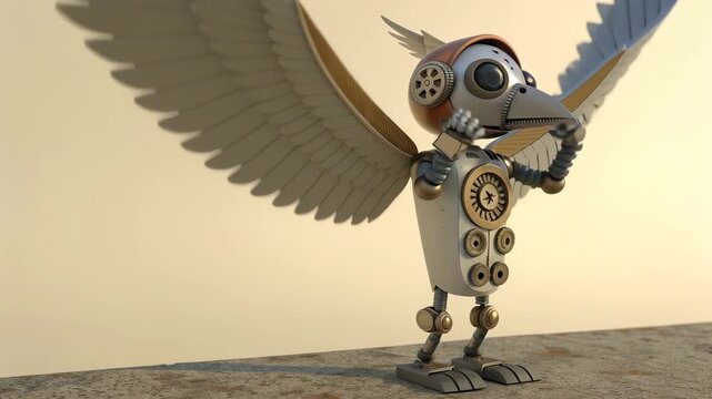 Mechanical bird robot with spread wings prepares for flight, showcasing intricate gears and metallic body on a plain background