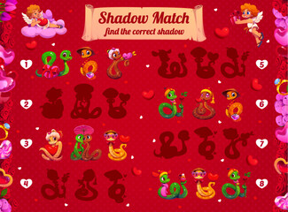 Naklejka premium Shadow match game with Valentine day snakes to find correct picture, vector cartoon worksheet. Shadow match kids game quiz with funny snake characters, Valentine day hearts, magic potion and flowers