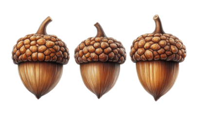 Three acorns 3d, transparent background, cutout png