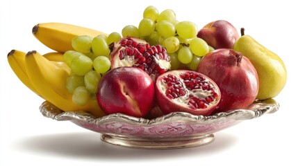 A decorative bowl overflowing with fresh fruits.  Bananas, grapes, pomegranates, nectarines, and a pear are arranged in a vintage-style bowl