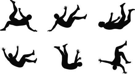 Obraz premium Falling people silhouettes vector set, dynamic human figures in midair poses, isolated black shapes on white, gravity, danger, safety, motion, editable design, stock illustration
