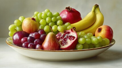 Platter of assorted fruit green grapes, pomegranates, bananas, pear, apple, nectarine