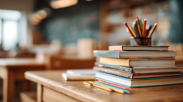 Stack of books and colored pencils on a classroom desk, blurred background