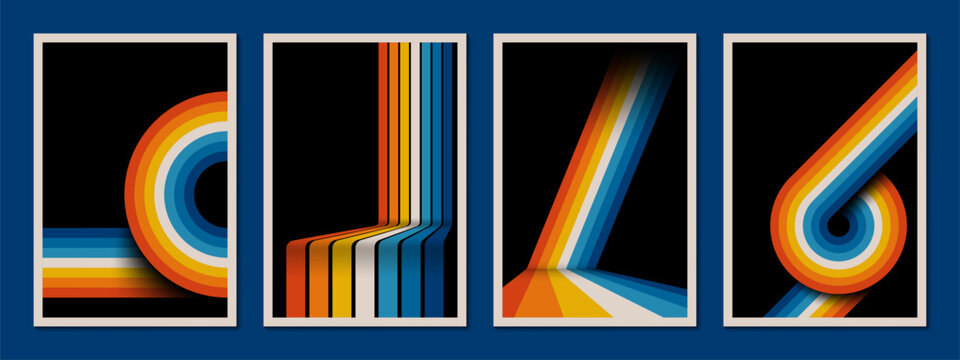 70s retro line background or abstract art vintage posters with rainbow geometric pattern. Vector retro backgrounds with lines of color wave circles for 1970s pop or disco music creative banners design