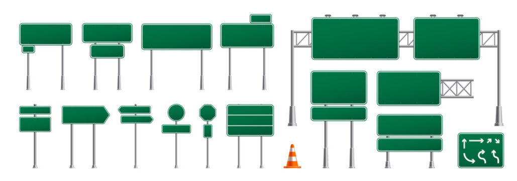 Traffic street road green vector signs and highway signboards on metal poles. Rectangle, arrow, circle and octagon map creation, navigation, traffic transportation street guidance for city navigation