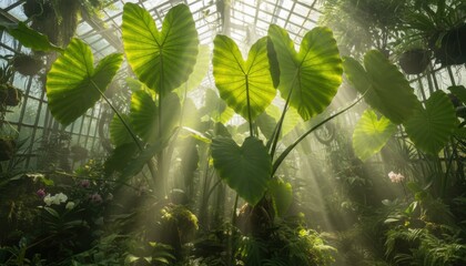 Giant elephant ear plant backlit by sunrays in greenhouse, sunbeams pouring light, botanical garden, exotic plants, tranquil, peaceful, sunlight, bright
