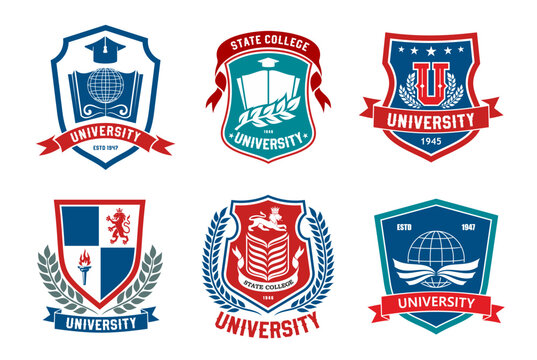 University college and school academy education vector icons set. Books, globes, knowledge torch and student graduation hats heraldic shield badges of university, college or school isolated symbols